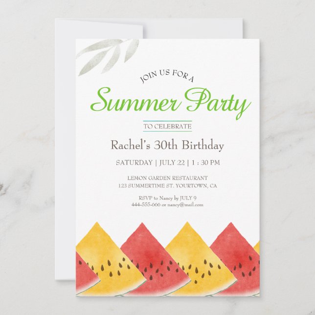 Invitación de cumpleaños a la sandía fresca (Anverso)