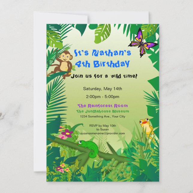 Invitación de cumpleaños a la selva tropical Rocki (Anverso)