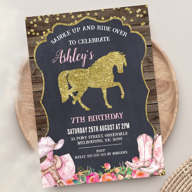 Invitación de cumpleaños a la silla de caballo Pur (Gold Glitter Saddle Up Horse Birthday Invitation Gallop Over Pony Birthday Invitation Horse Birthday)