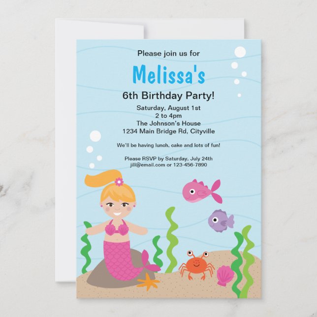 Invitación de cumpleaños a la sirena (Anverso)