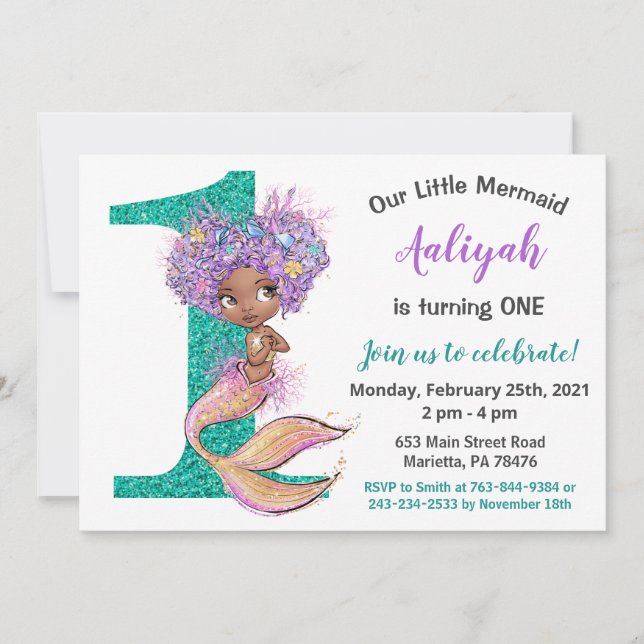Invitación de cumpleaños a la sirena afroamericana (Anverso)