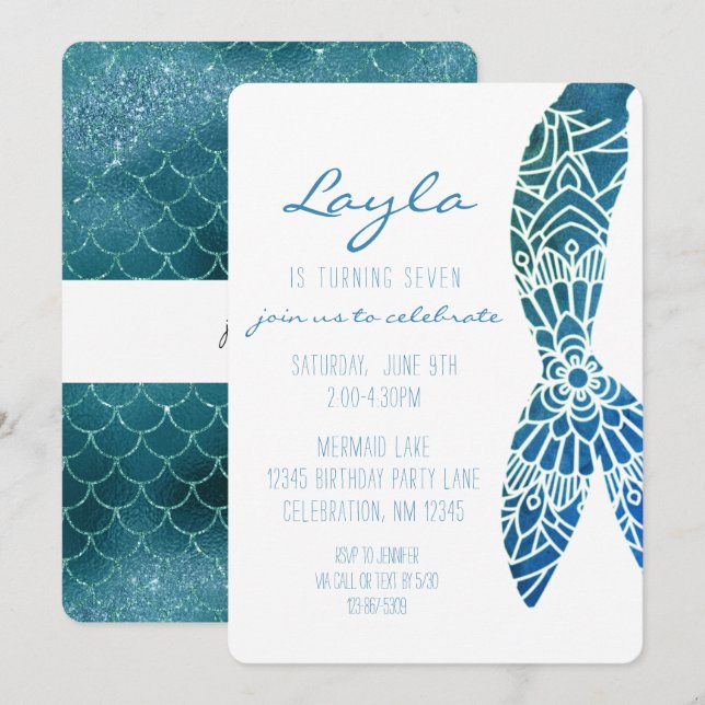 Invitación de cumpleaños a la sirena bajo el Chica (Anverso / Reverso)