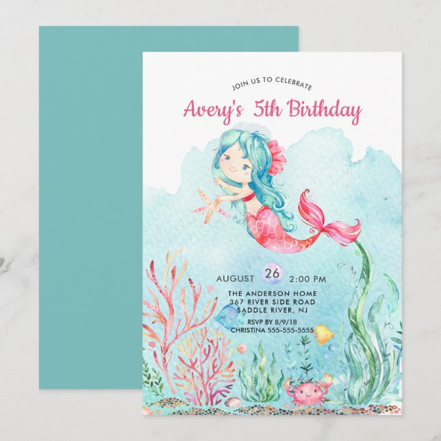 Invitación de cumpleaños a la sirena bajo el mar (Anverso / Reverso)