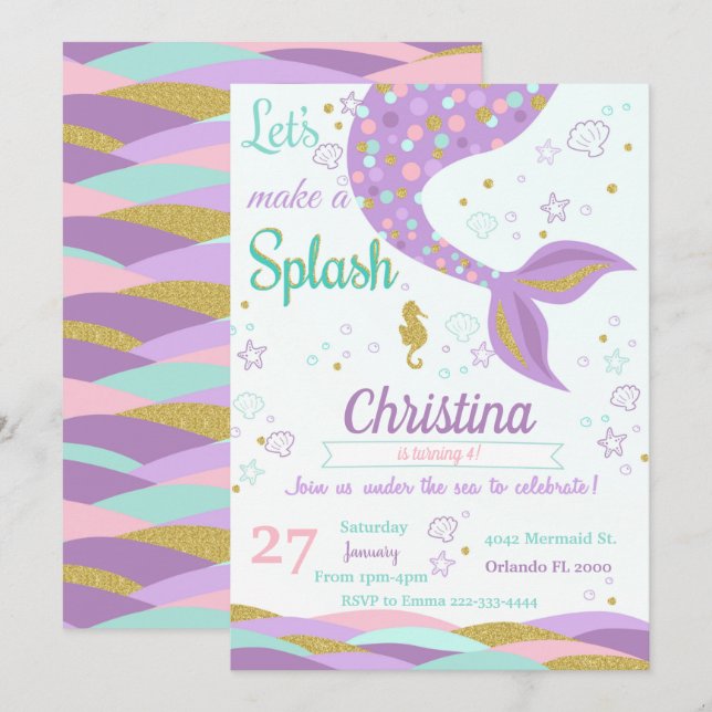 Invitación de cumpleaños a la sirena bajo el mar (Anverso / Reverso)