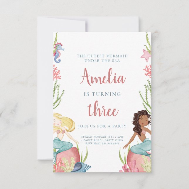 Invitación de cumpleaños a la sirena bajo el mar (Anverso)