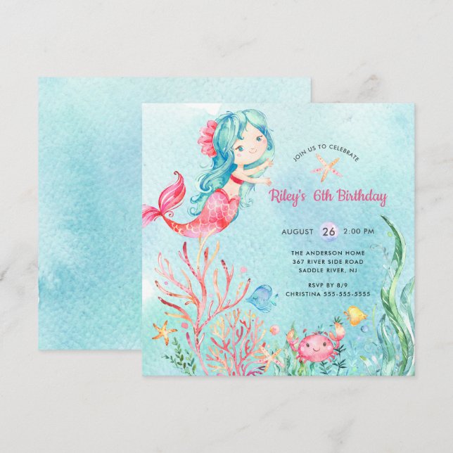 Invitación de cumpleaños a la sirena bajo el mar (Anverso / Reverso)
