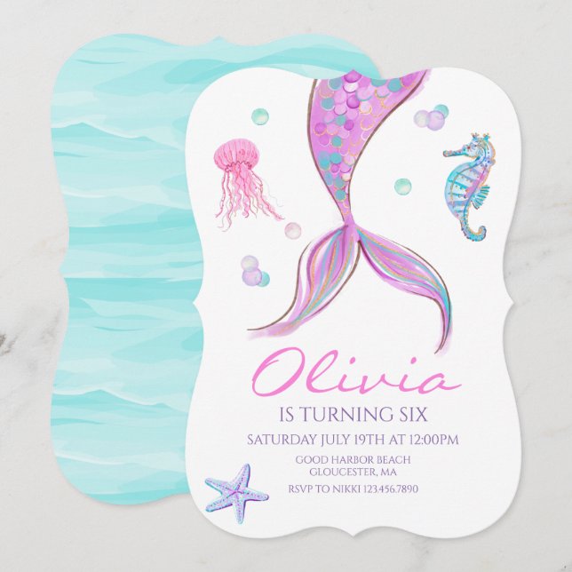 Invitación de cumpleaños a la sirena bajo el mar (Anverso / Reverso)
