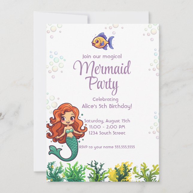 Invitación de cumpleaños a la sirena bajo el mar (Anverso)