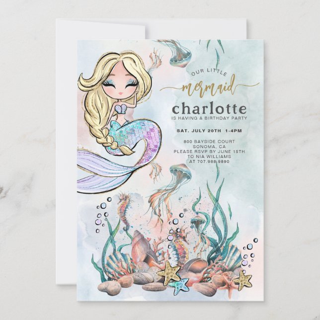 Invitación de cumpleaños a la sirena bajo el mar (Anverso)