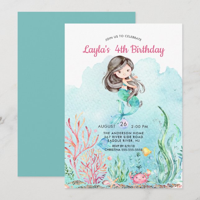 Invitación de cumpleaños a la sirena bajo el mar (Anverso / Reverso)