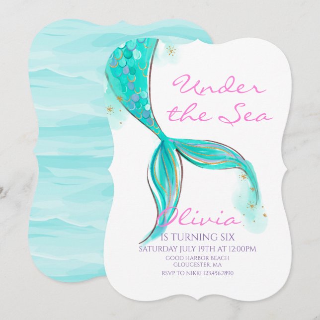 Invitación de cumpleaños a la sirena bajo el mar (Anverso / Reverso)