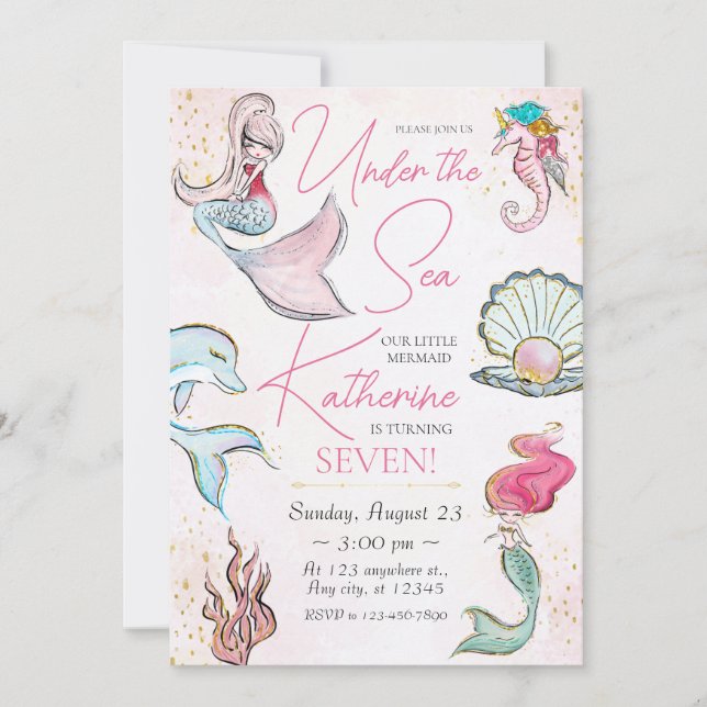 Invitación de cumpleaños a la sirena bajo el mar (Anverso)