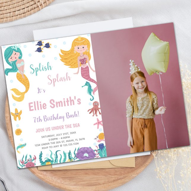 Invitación de cumpleaños a la sirena de la rubia b (Under the sea Blond Mermaid Invitations with photo)