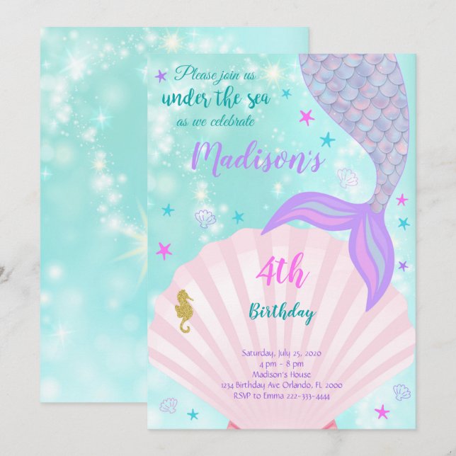 Invitación de cumpleaños a la Sirena de Mar (Anverso / Reverso)