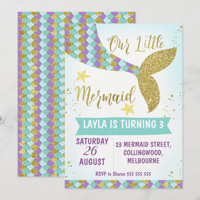 Invitación de cumpleaños a la Sirena de Mar (Anverso / Reverso)