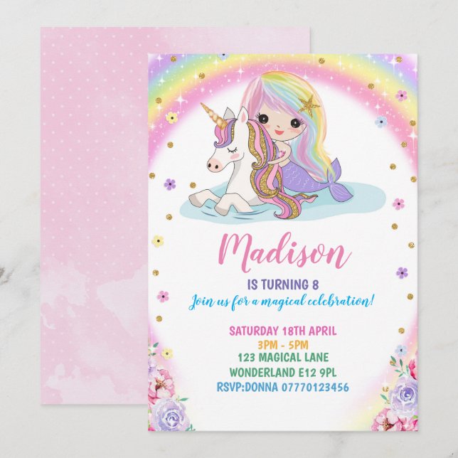 Invitación de cumpleaños a la sirena de Unicornio (Anverso / Reverso)