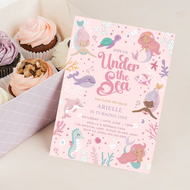 Invitación de cumpleaños a la sirena editable (Editable Mermaid 1st Birthday Invitation
)