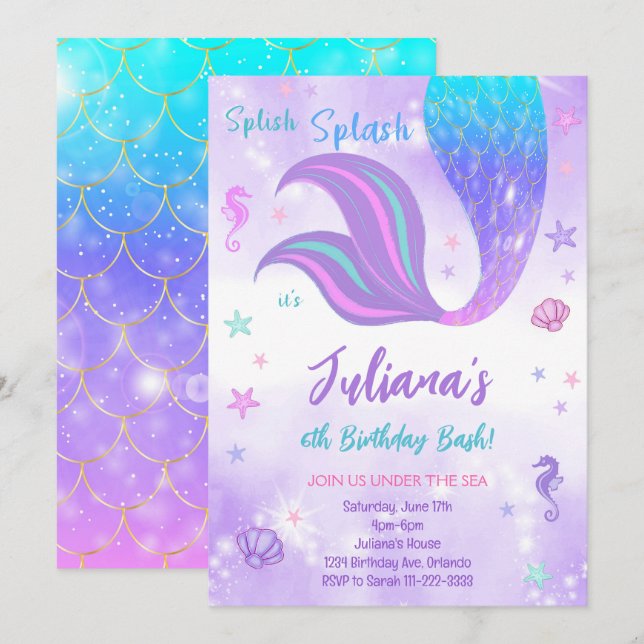 Invitación de cumpleaños a la Sirena Mágica de Oro (Anverso / Reverso)