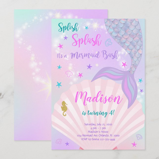 Invitación de cumpleaños a la sirena morada y Verd (Anverso / Reverso)
