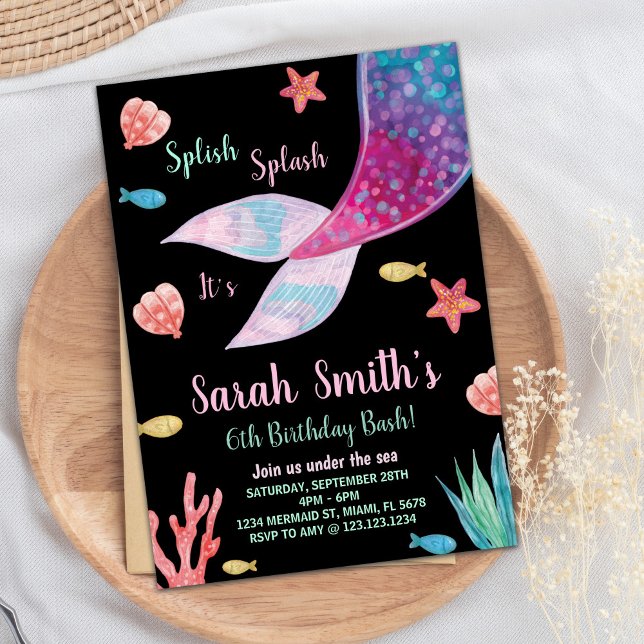 Invitación de cumpleaños a la sirena negra morada  (Black Dark Purple Mermaid Tail Birthday Invitation)