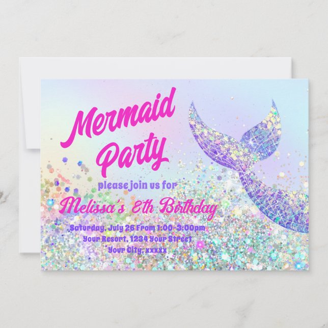 Invitación de cumpleaños a la sirena purpurina (Anverso)