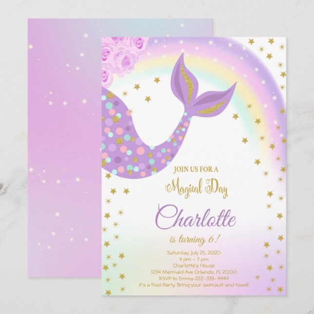 Invitación de cumpleaños a la sirena purpurina Tai (Anverso / Reverso)