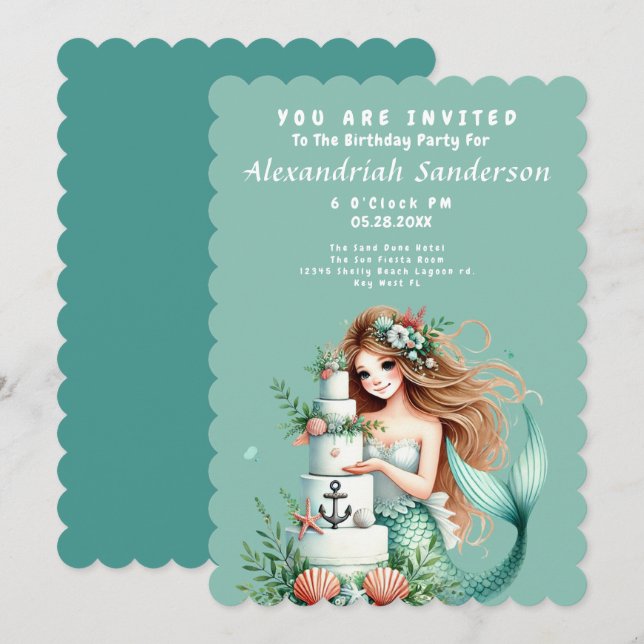 Invitación de cumpleaños a la sirena Verde azulada (Anverso / Reverso)