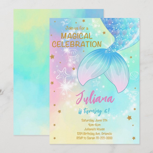 Invitación de cumpleaños a la sirena verde azulada (Anverso / Reverso)