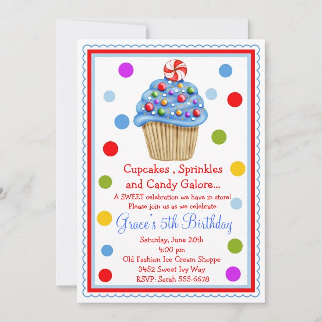 Invitación de cumpleaños a la tarta de golosinas (Anverso)