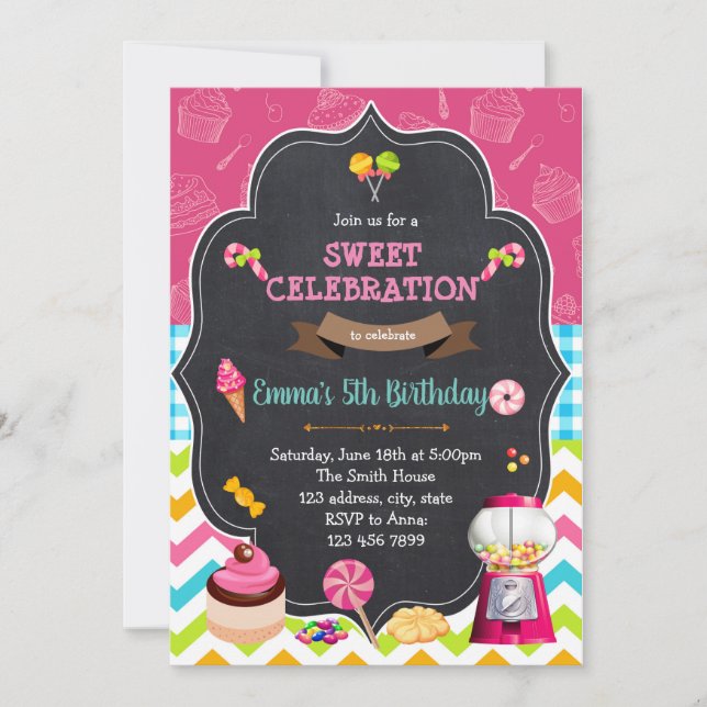 Invitación de cumpleaños a la tierra de dulces dul (Anverso)
