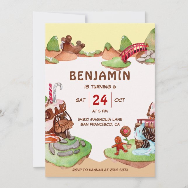 Invitación de cumpleaños a la tierra del chocolate (Anverso)