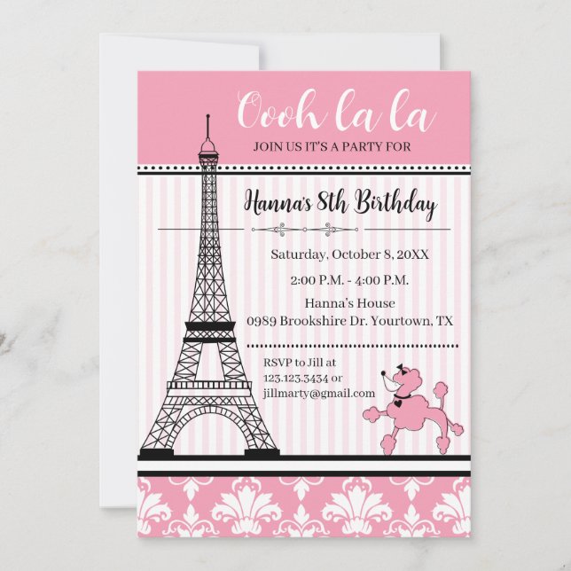 Invitación de cumpleaños a la Torre Eiffel y Poodl (Anverso)
