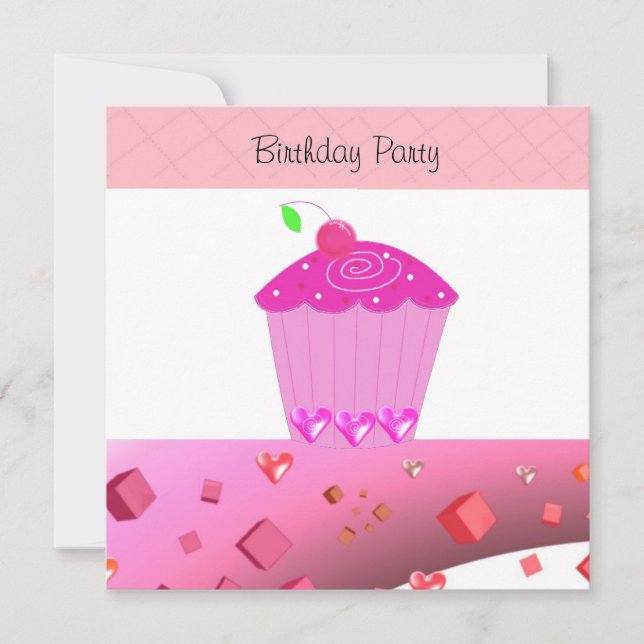 Invitación de cumpleaños a la torta rosada (Anverso)