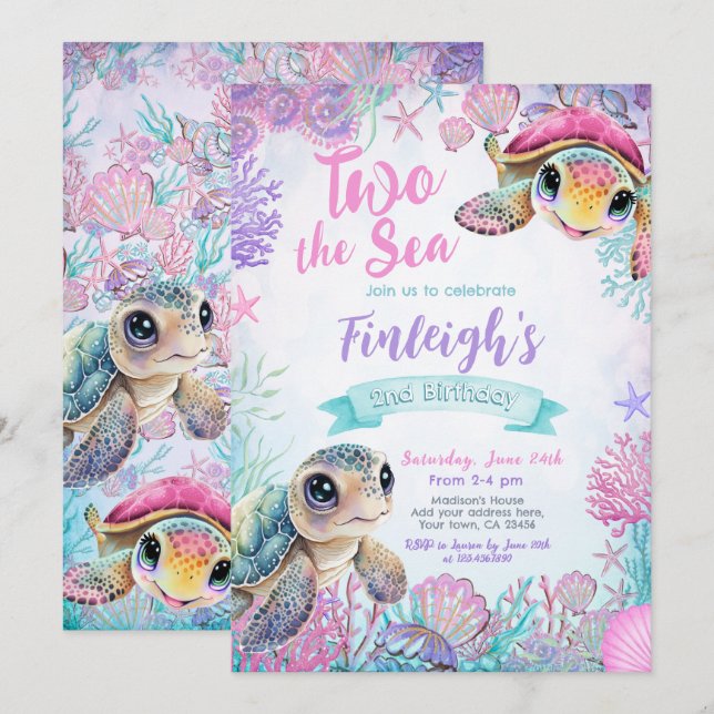 Invitación de cumpleaños a la tortuga marina (Anverso / Reverso)