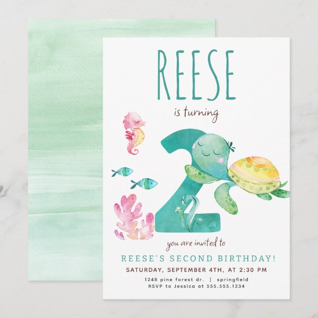 Invitación de cumpleaños a la tortuga marina (Anverso / Reverso)