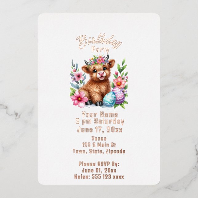 Invitación de cumpleaños a la vaca de Highland (Anverso)