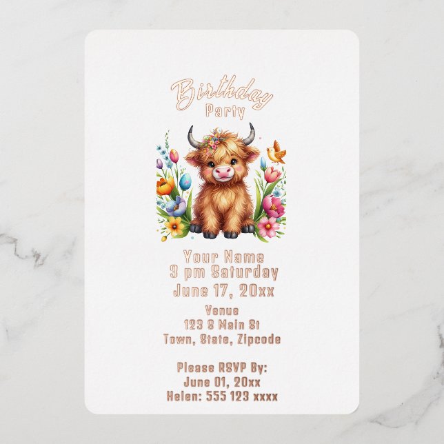 Invitación de cumpleaños a la vaca de Highland (Anverso)
