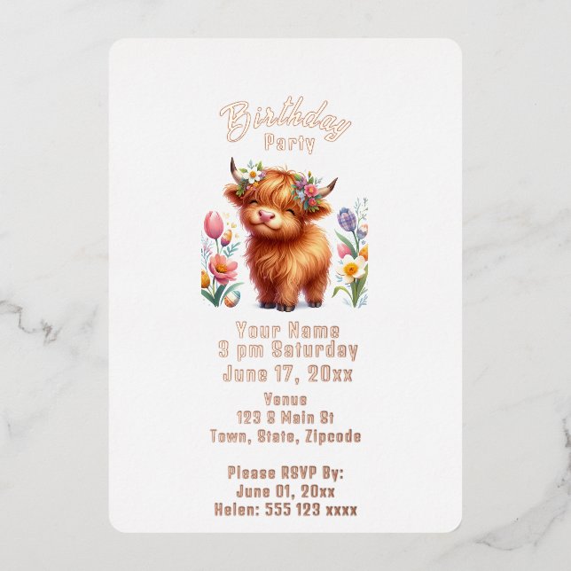 Invitación de cumpleaños a la vaca de Highland (Anverso)