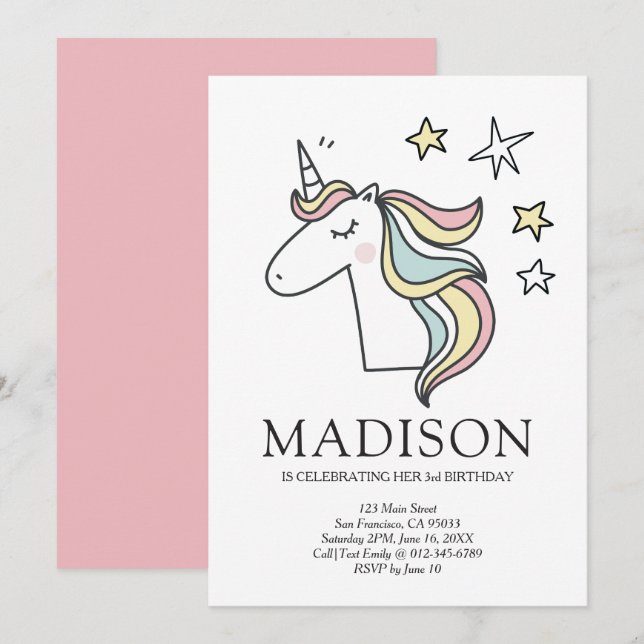Invitación de cumpleaños a las estrellas de unicor (Anverso / Reverso)