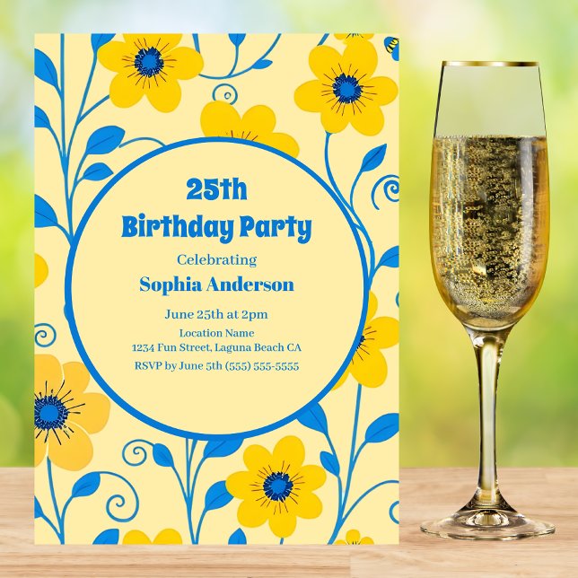 Invitación de cumpleaños a las flores azules y ama (Butter Yellow and Blue Florals-Birthday Invitation )