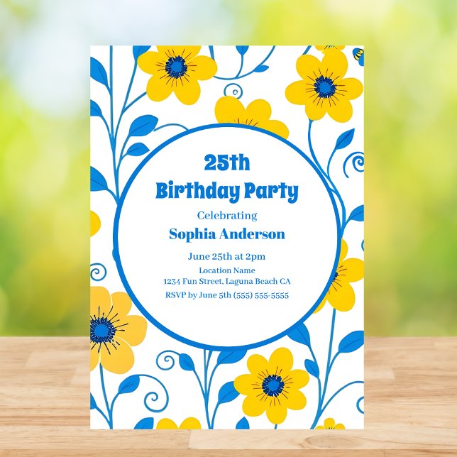 Invitación de cumpleaños a las flores azules y ama (Butter Yellow and Blue Florals-Birthday Invitation in White)
