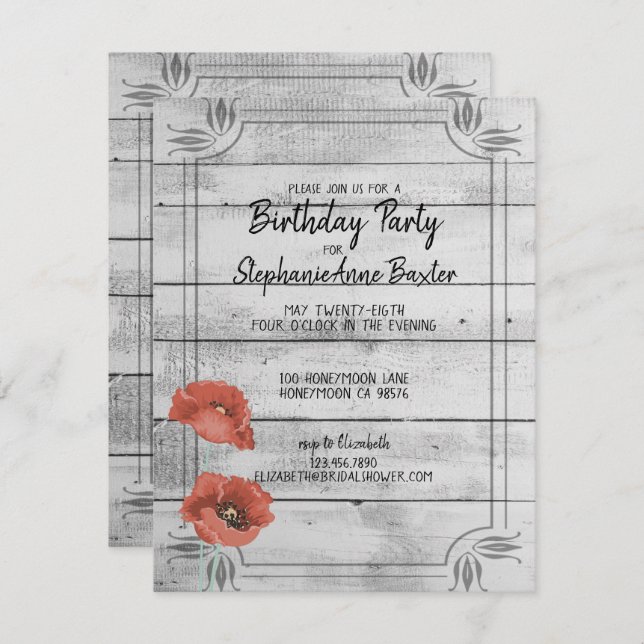 Invitación de cumpleaños a las flores de amapola r (Anverso / Reverso)