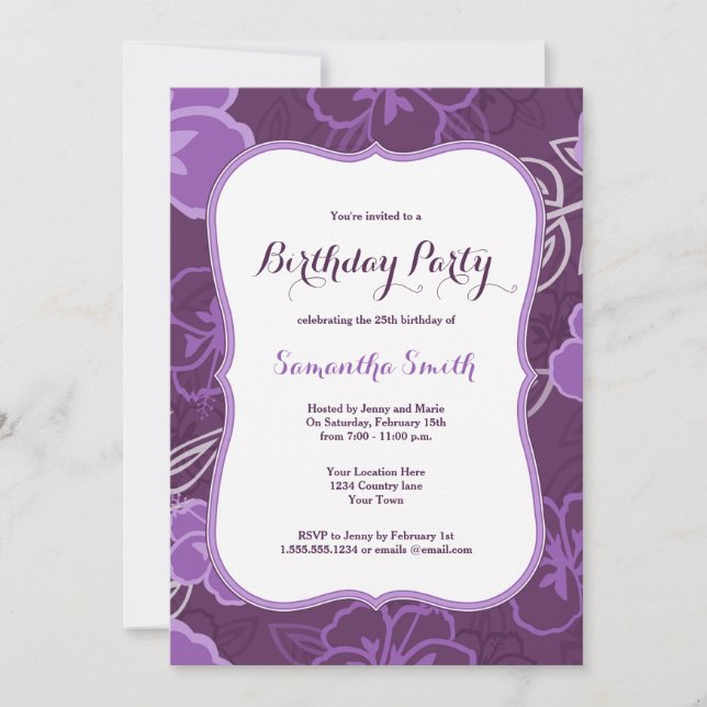 Invitación de cumpleaños a las flores moradas hawa (Anverso)