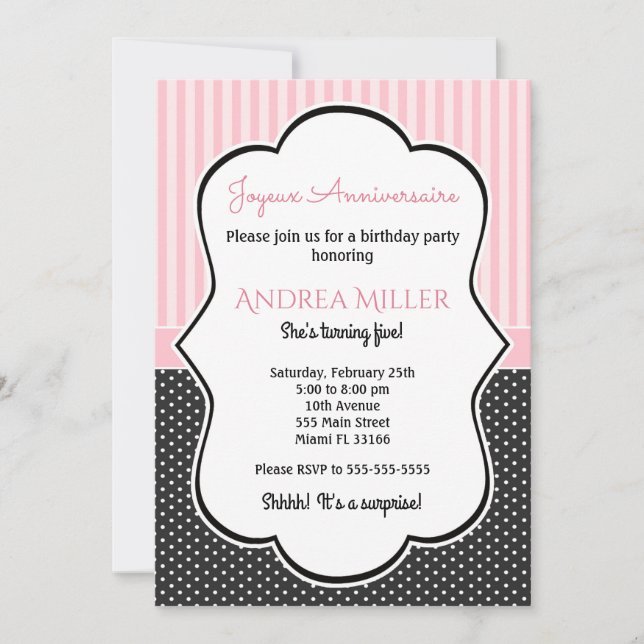 Invitación de cumpleaños a las franjas rosadas bla (Anverso)