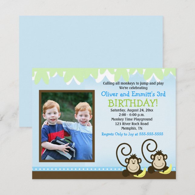 Invitación de cumpleaños a las gemelas de mono ton (Anverso / Reverso)