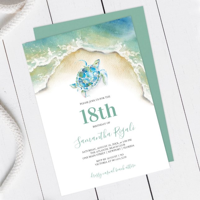 Invitación de cumpleaños a las olas oceánicas de t (18th Birthday invitation with watercolor sea turtle & ocean waves beach shore Victoria Grigaliunas)