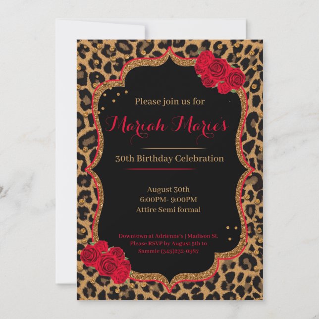 Invitación de cumpleaños a leopardo y Rosas (Anverso)