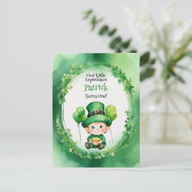 invitación de cumpleaños a leprechaun por el día d (Anverso de pie)