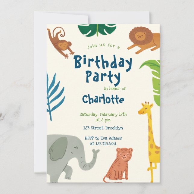 Invitación de cumpleaños a los animales de la jung (Anverso)