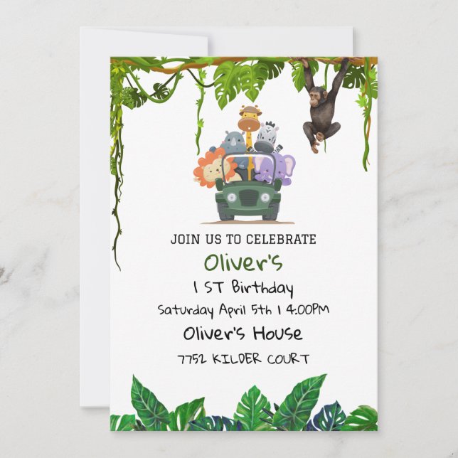 Invitación de cumpleaños a los animales de la jung (Anverso)